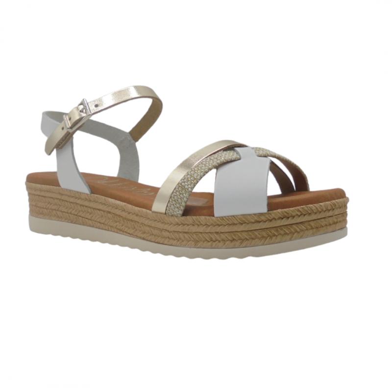 OH MY SANDALS SANDALIA MUJER PLATAFORMA BAJA MODELO 5423 TIRAS COMBINADAS EN BLANCO Y ORO