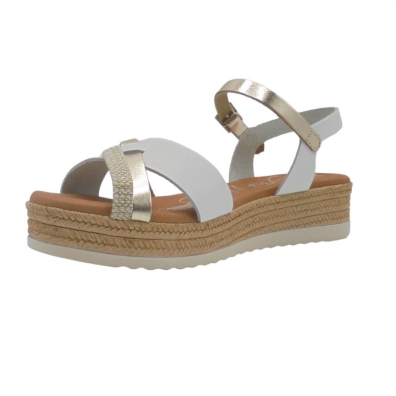 OH MY SANDALS SANDALIA MUJER PLATAFORMA BAJA MODELO 5423 TIRAS COMBINADAS EN BLANCO Y ORO