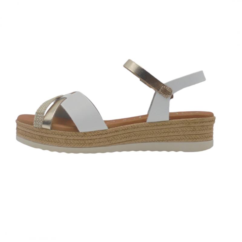 OH MY SANDALS SANDALIA MUJER PLATAFORMA BAJA MODELO 5423 TIRAS COMBINADAS EN BLANCO Y ORO