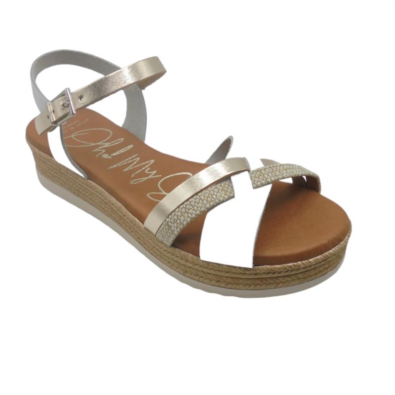 OH MY SANDALS SANDALIA MUJER PLATAFORMA BAJA MODELO 5423 TIRAS COMBINADAS EN BLANCO Y ORO