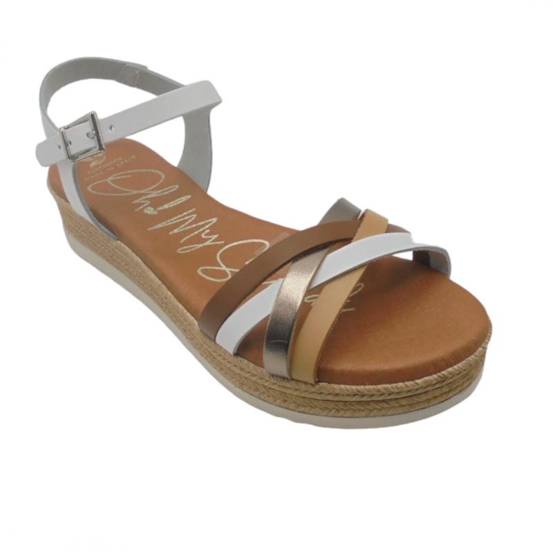 OH MY SANDALS SANDALIA MUJER PLATAFORMA BAJA MODELO 5425 TIRAS COMBINADAS EN BLANCO MULTICOLOR