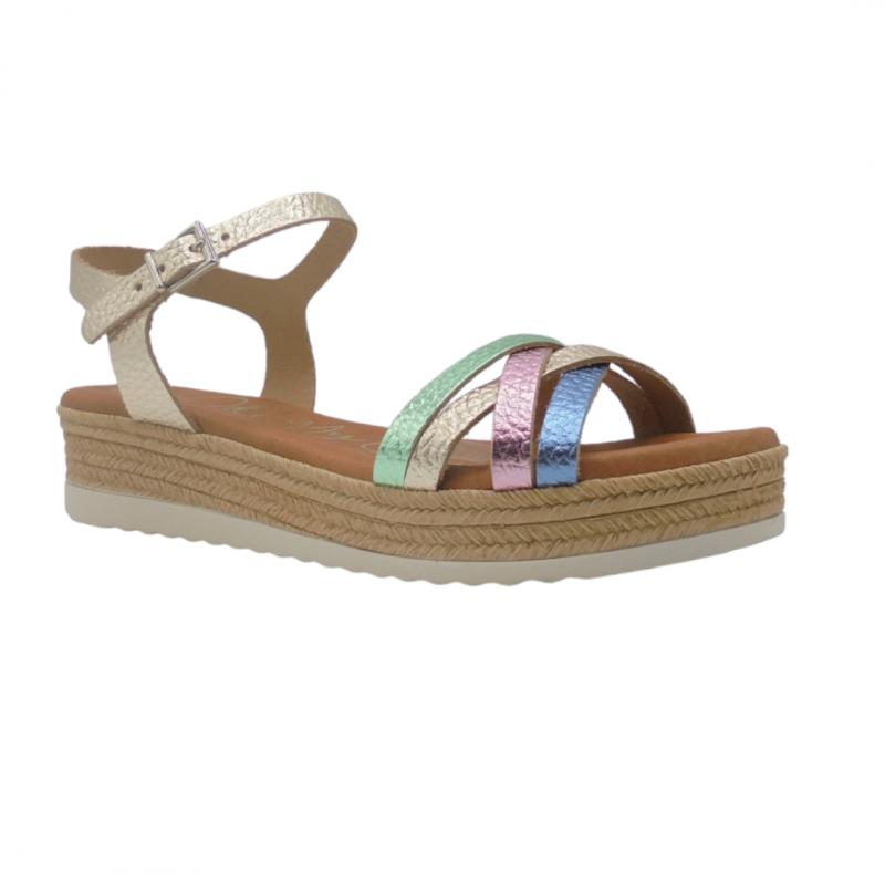 OH MY SANDALS SANDALIA MUJER PLATAFORMA BAJA MODELO 5425 TIRAS COMBINADAS EN CHAMPAN MULTICOLOR