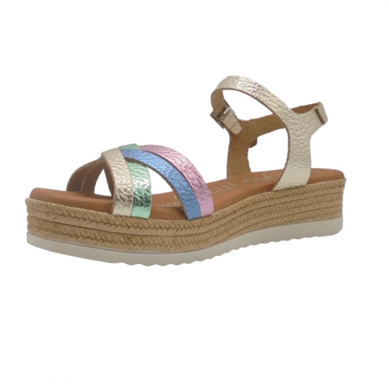 OH MY SANDALS SANDALIA MUJER PLATAFORMA BAJA MODELO 5425 TIRAS COMBINADAS EN CHAMPAN MULTICOLOR