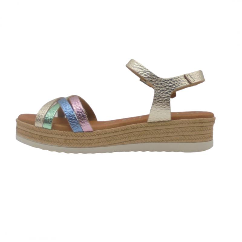 OH MY SANDALS SANDALIA MUJER PLATAFORMA BAJA MODELO 5425 TIRAS COMBINADAS EN CHAMPAN MULTICOLOR