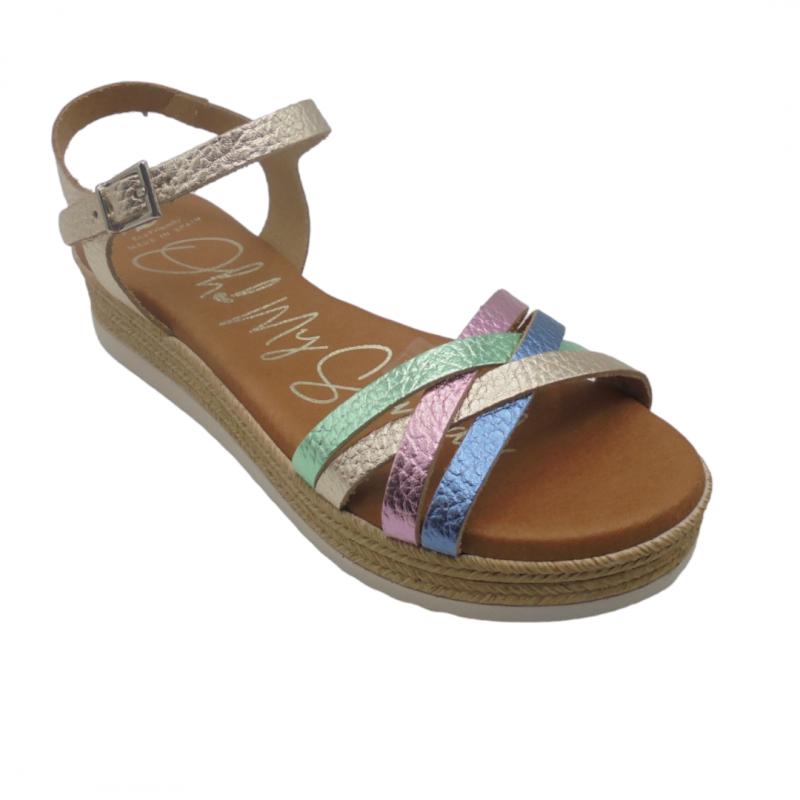 OH MY SANDALS SANDALIA MUJER PLATAFORMA BAJA MODELO 5425 TIRAS COMBINADAS EN CHAMPAN MULTICOLOR