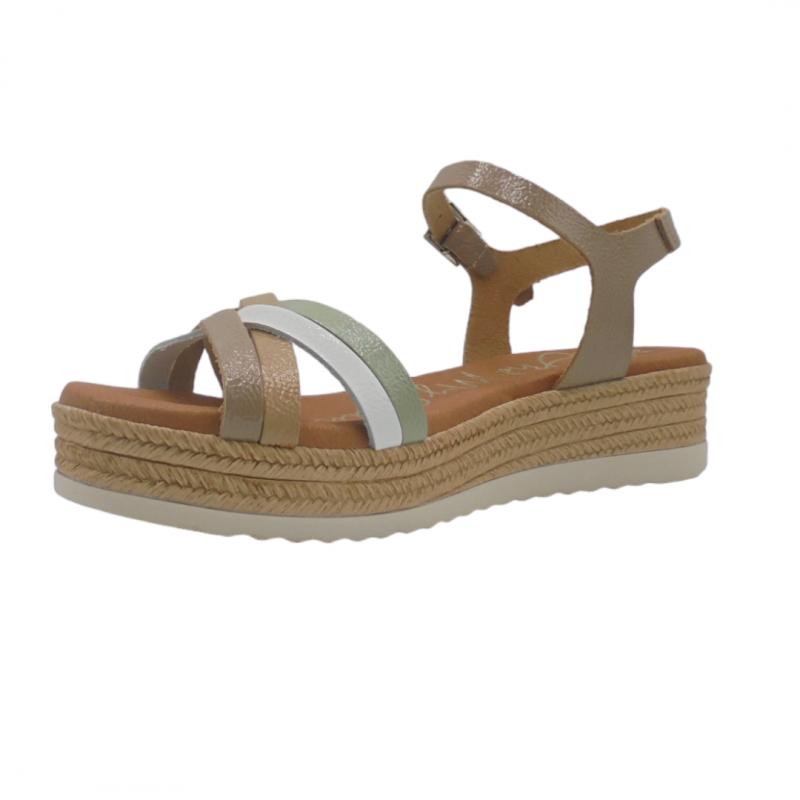 OH MY SANDALS SANDALIA MUJER PLATAFORMA BAJA MODELO 5425 TIRAS COMBINADAS EN TAUPE MULTICOLOR