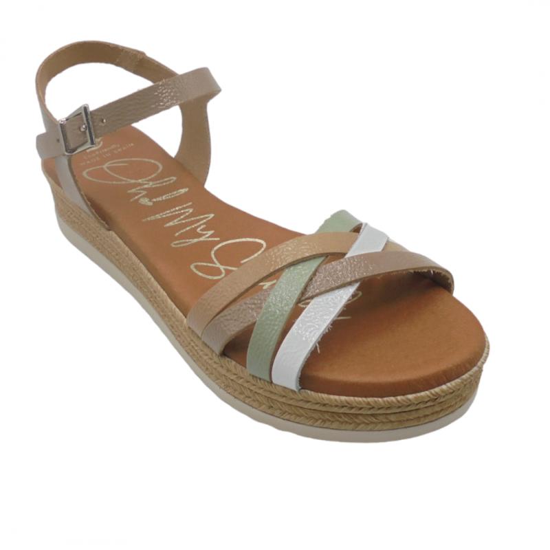 OH MY SANDALS SANDALIA MUJER PLATAFORMA BAJA MODELO 5425 TIRAS COMBINADAS EN TAUPE MULTICOLOR